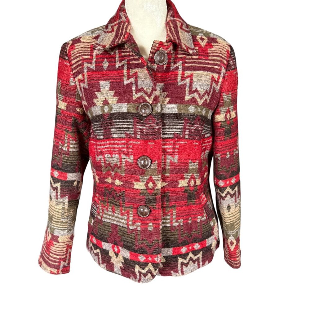 Coldwater Creek vintage aztec wool blend multicolored collared jacket size P4